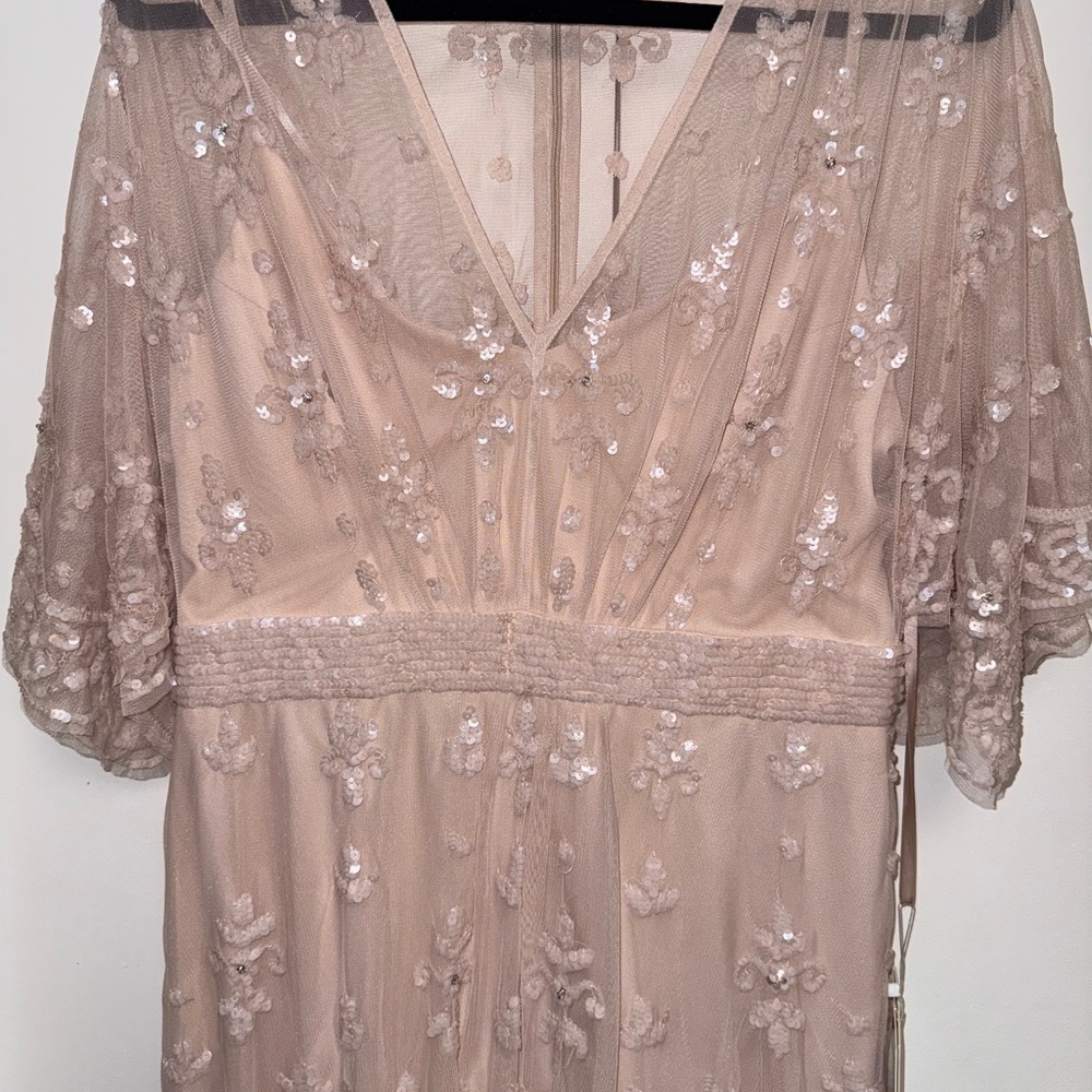 NWOT | Mac Duggal 9144 Pink/Blush Flounce Sleeve Embellished Mesh Gown Size 10 - Picture 11 of 15